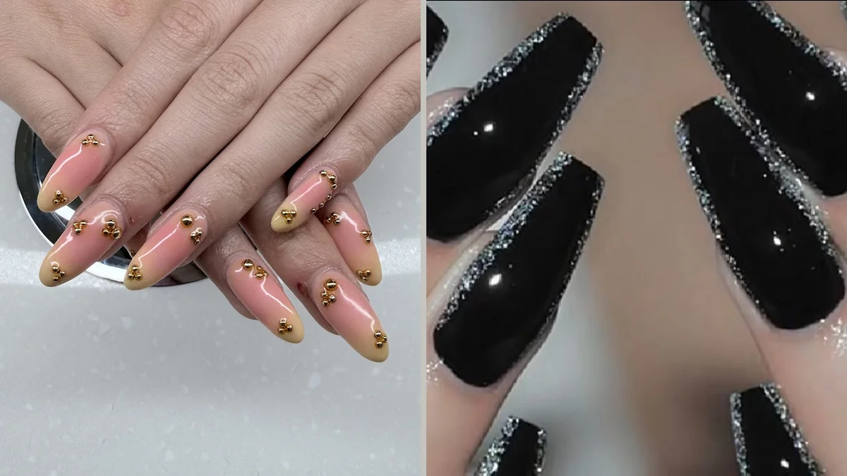Nail art samples displayed near colorful polish shades.